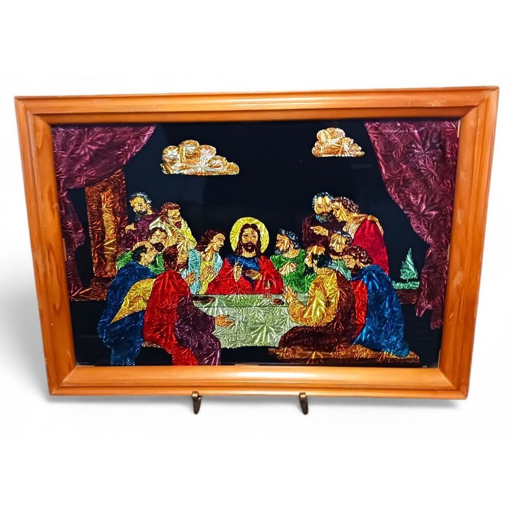 Vintage Textured Foil Art The Last Supper Glass Framed Religious Wall Hanging